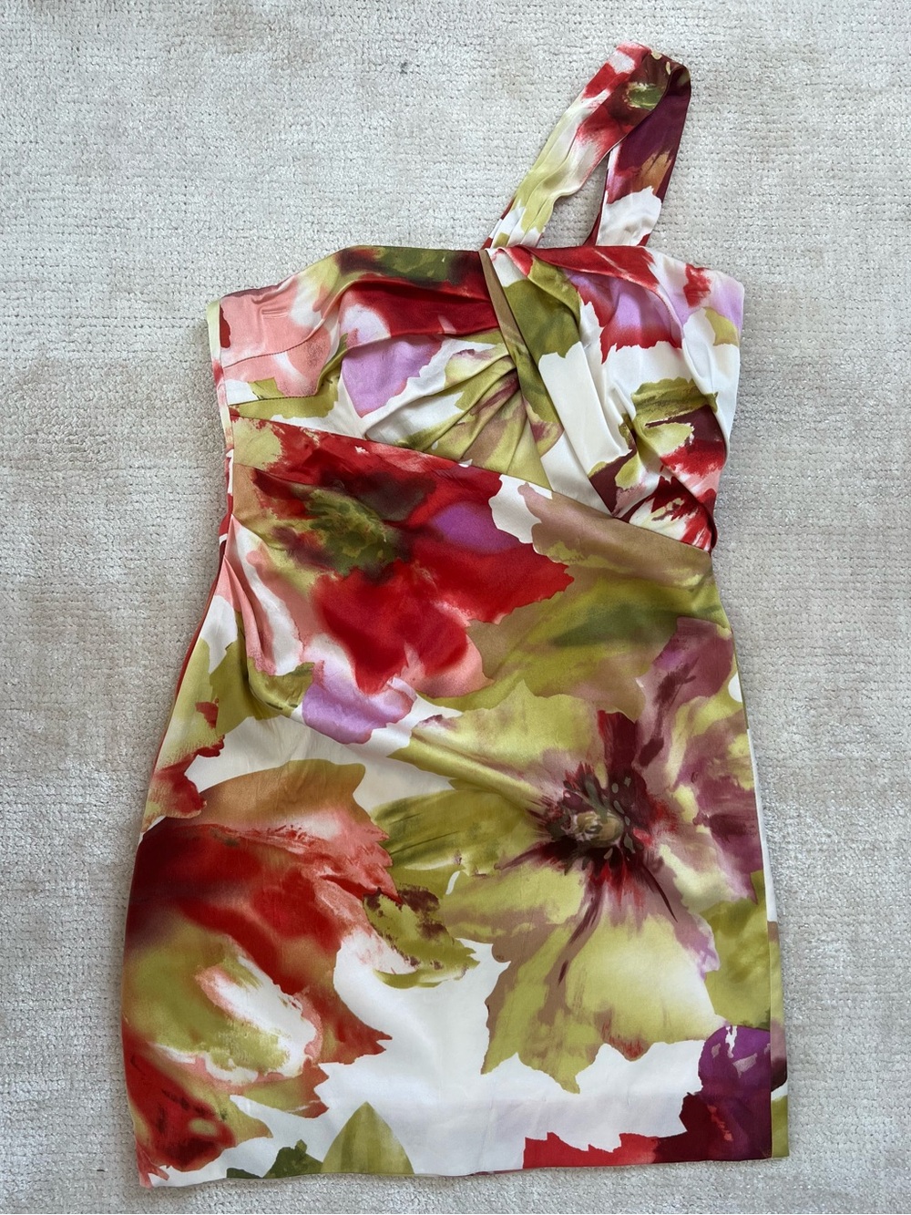 David Meister Stretch Silk Mini Dress Floral Pink Red Chartreuse US2